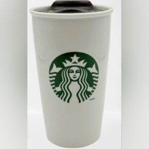 2011 Starbucks Classic Double Wall White Ceramic Travel Coffee Mug & Lid 12oz